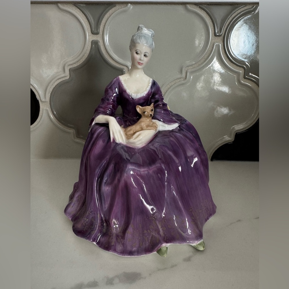 Vintage Royal Doulton “Charlotte” HN2421 Figurine – Lady in Purple Gown with Dog